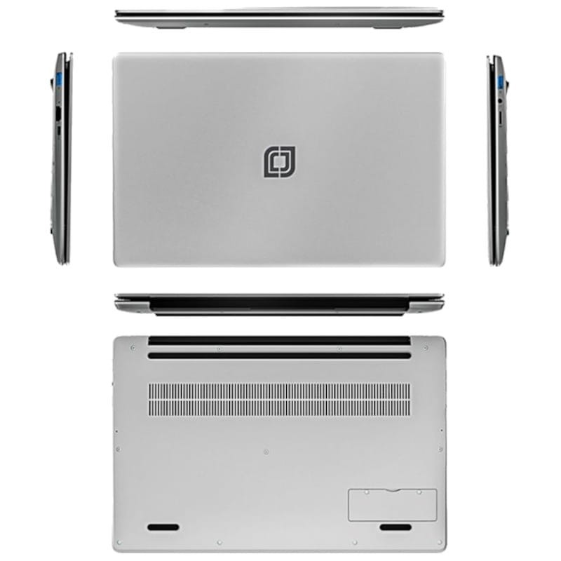 Jumper EZbook X6 argent 14 pouces, châssis fin en aluminium, ports latéraux, logo central, grilles de ventilation dessous, design mince et léger