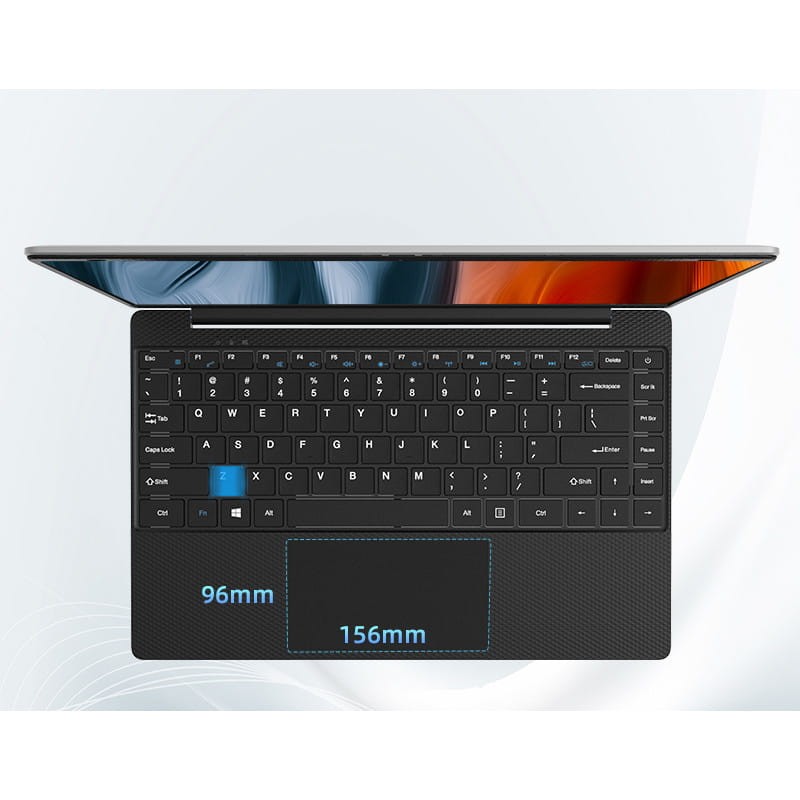 Clavier AZERTY noir au motif carbone avec large pavé tactile 156 x 96 mm, touches multimédia et châssis fin du Jumper EZbook X6 14 pouces