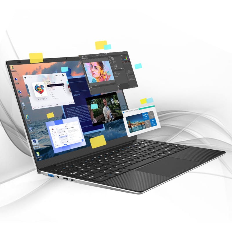 Ultrabook fin 14 pouces gris, écran bord fin affichant multiples fenêtres, clavier noir chiclet, châssis métal, ports latéraux USB et HDMI, design léger