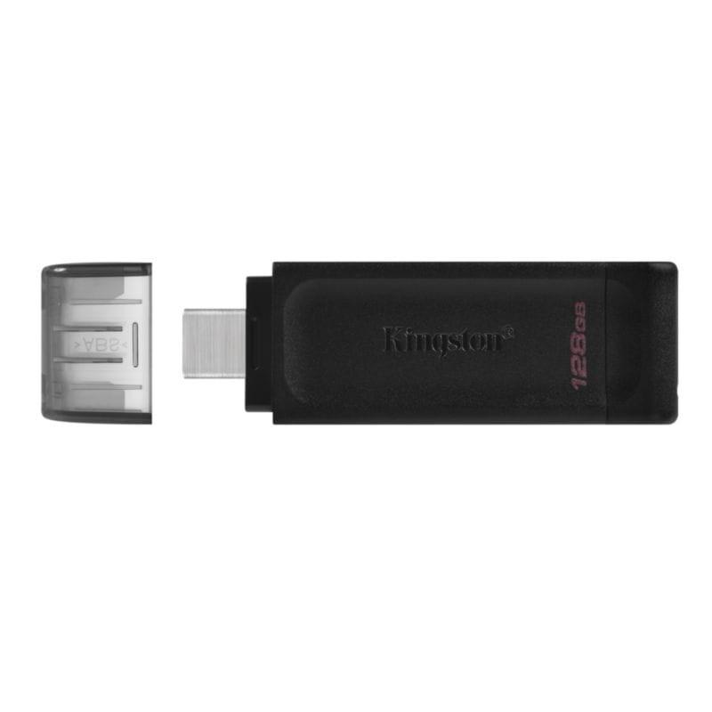 Vista frontal del Kingston DataTraveler 70 128 GB USB 3.2 Gen 1 Negro sin tapa