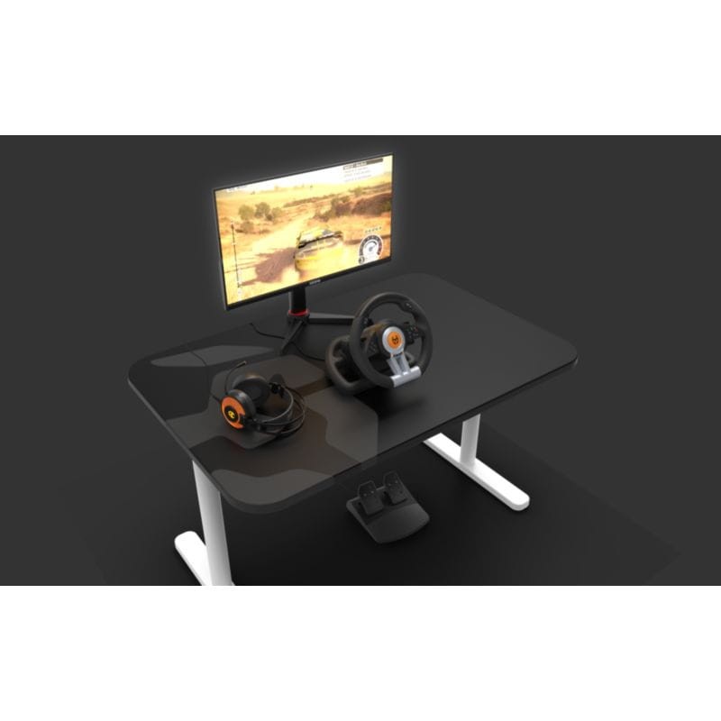 Vista general de una mesa con rl Volante + Pedales USB Krom K-Wheel Negro