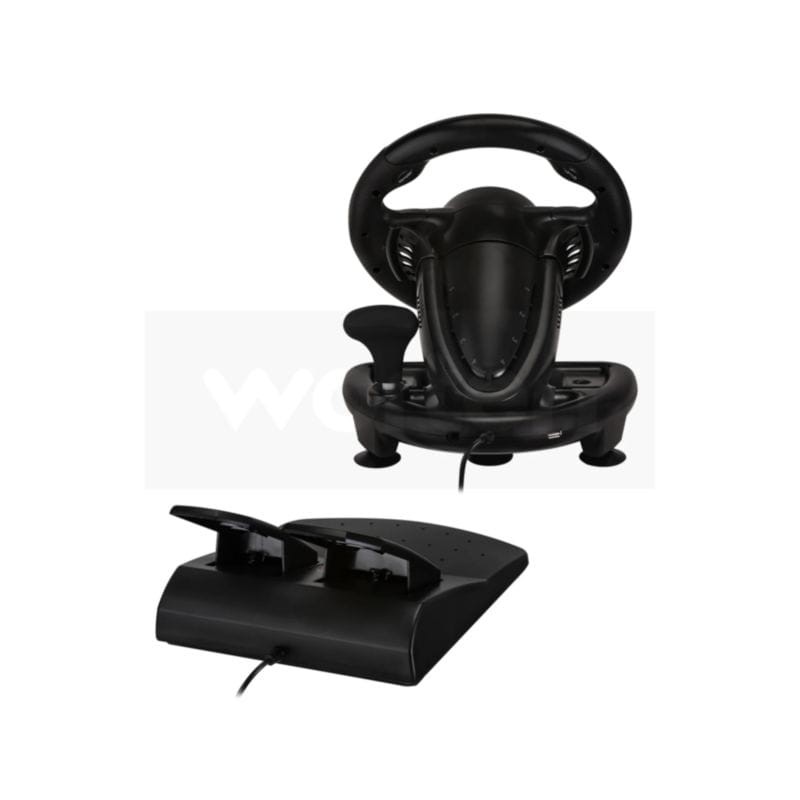Vista trasera del conjunto de Volante + Pedales USB Krom K-Wheel Negro