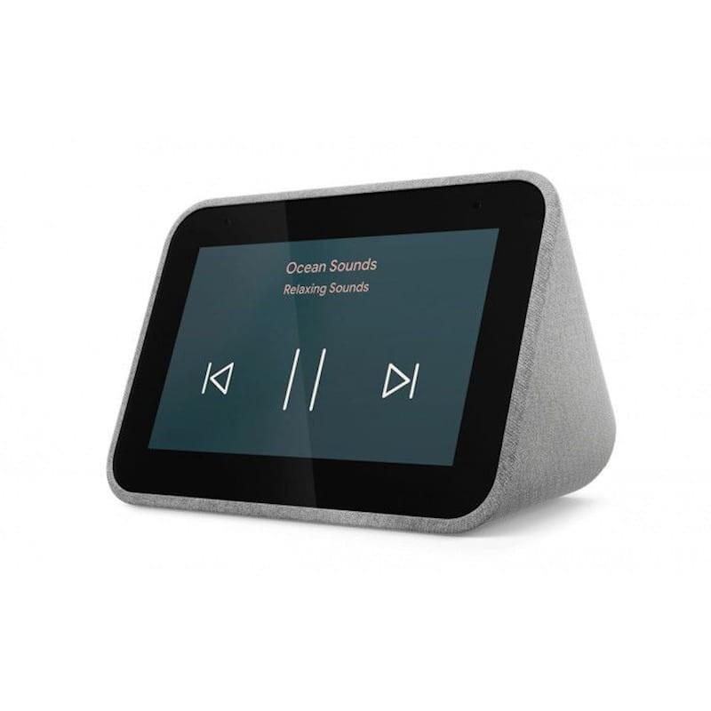 Vista em perspectiva do relógio inteligente Lenovo Smart Clock com Amazon Alexa
