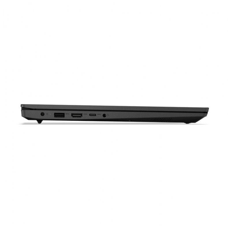 Vue latérale de l'ordinateur portable Lenovo V V15 Intel Celeron N4500 256GB 82QY00PUSP Noir avec ports USB, écouteurs et chargeur