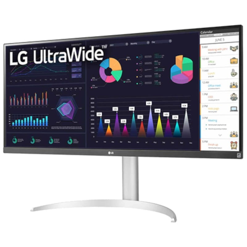 LG 34WQ650-W 34 WFHD IPS AMD FreeSync Argent, Blanc - Moniteur PC Vue avant côté gauche