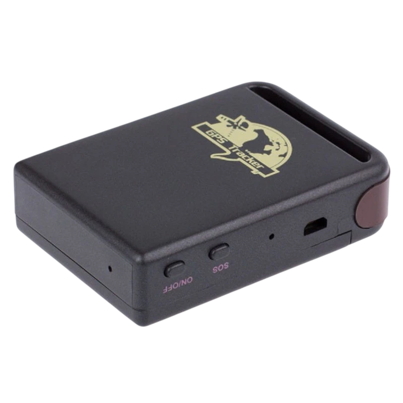 GPS Tracker noir compact avec logo doré, boîtier rectangulaire, boutons ON/OFF et SOS, port latéral, coins arrondis, design discret et portable