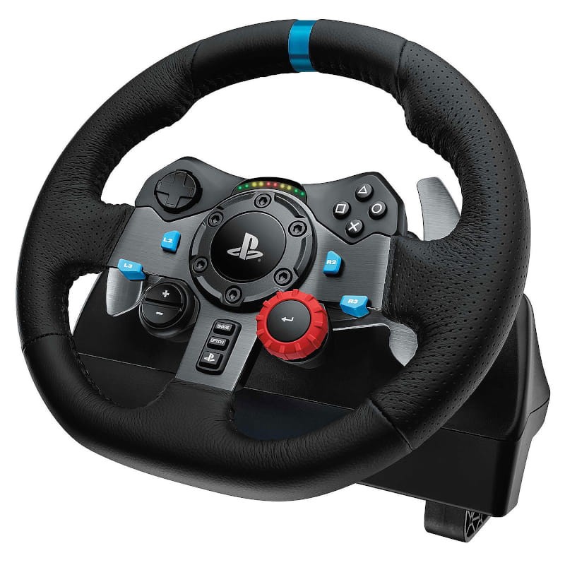 Logitech G29 Volante + Pedales PS5/PS4/PC con aro de cuero negro, logo PlayStation, LED de RPM, perillas y botones integrados, acabado metálico y banda azul