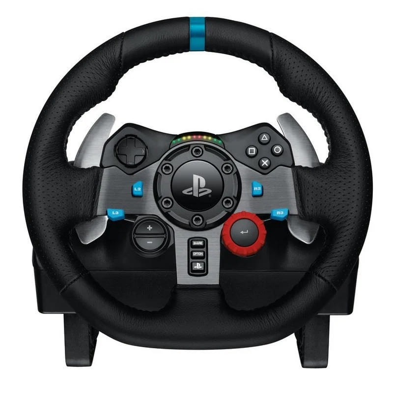 Logitech G29 Volante + Pedales PS5/PS4/PC con aro de cuero negro, levas metálicas, luz LED, botones PS, joystick D-pad y dial rojo de ajuste