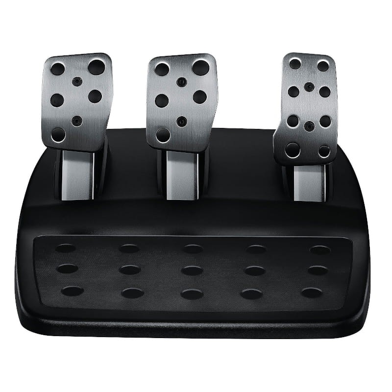 Pedalera Logitech G29 con tres pedales metálicos perforados sobre base negra antideslizante, diseño robusto para PS5 PS4 y PC