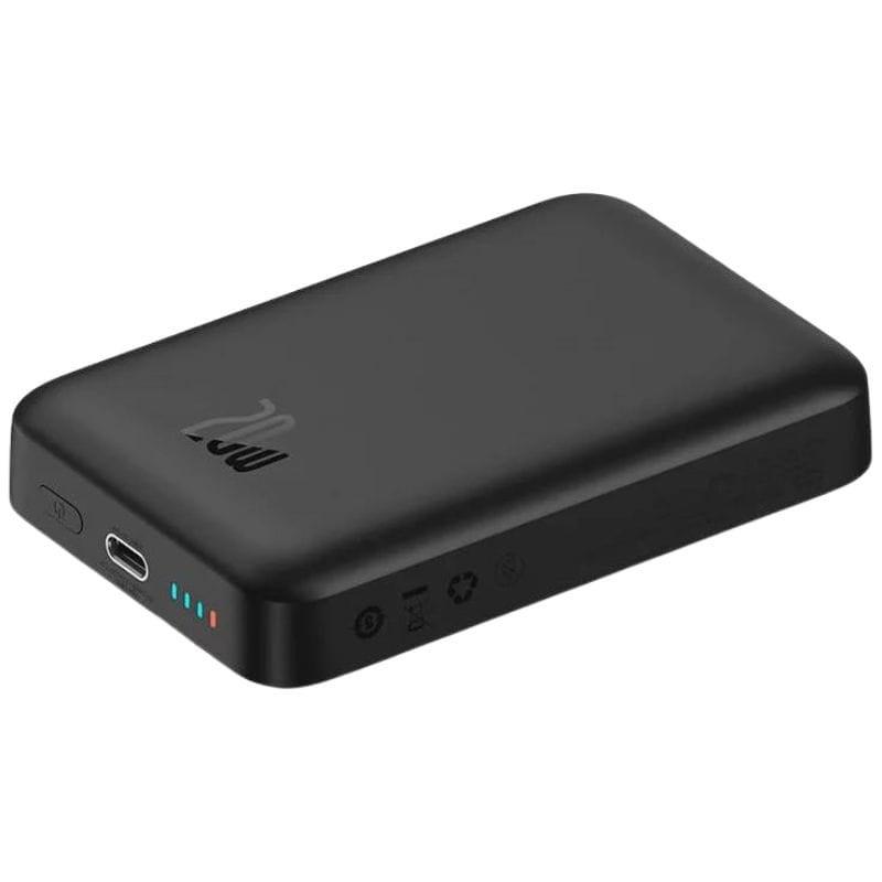 Power Bank Mini 10000mAh Baseus MagSafe Compatível Preto - Carregamento Rápido 20W e Cabo C incluídos deitado