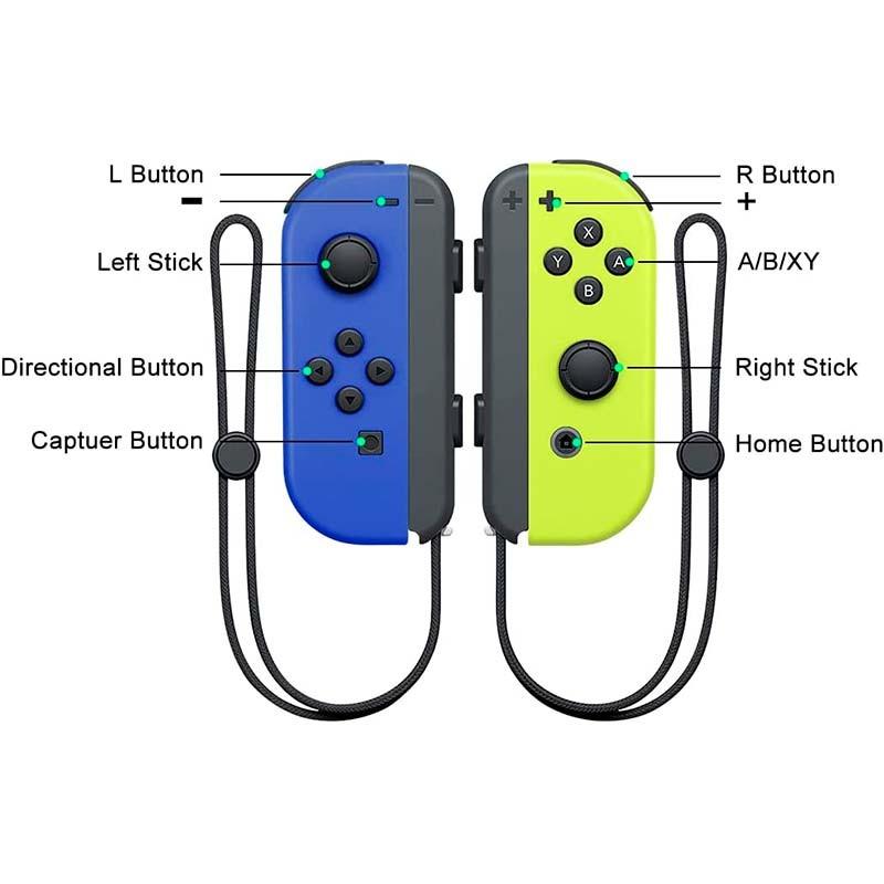 vue de face de l'ensemble des manettes Joy-Con bleues (I) et jaunes (R) compatibles avec la Nintendo Switch