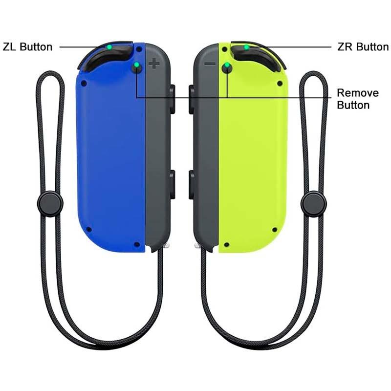 vue arrière du jeu de manettes Joy-Con bleues (I) et jaunes (R) compatibles avec la Nintendo Switch