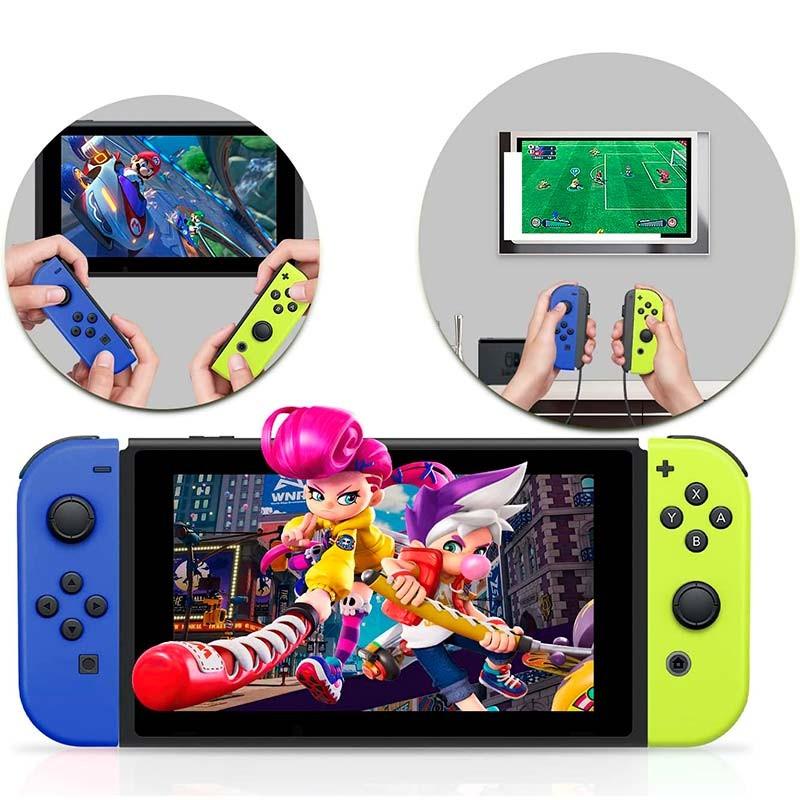 Photo réelle de l'ensemble des manettes Joy-Con bleues (I) et jaunes (R) compatibles avec la Nintendo Switch