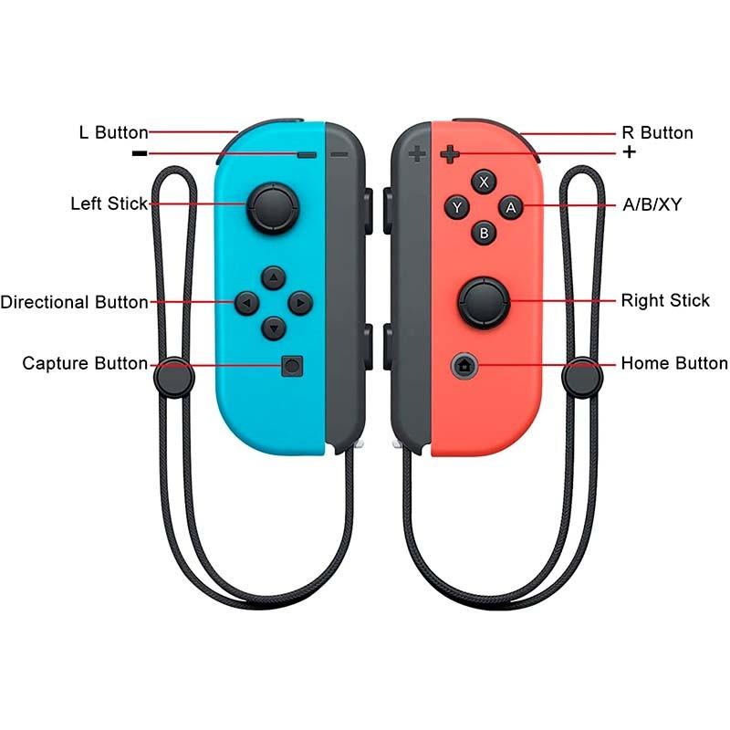 vista frontal do conjunto de comandos Joy-Con azul (I) e vermelho (R) compatíveis com Nintendo Switch