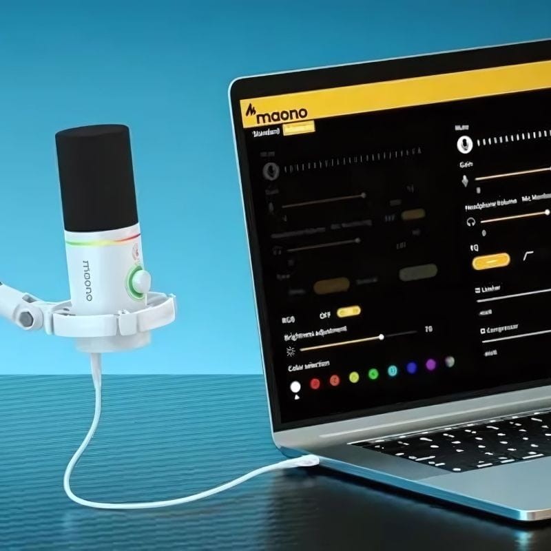 Maono PD200x RGB Blanco - Micrófono USB para Grabación y Transmisión en PC conectado a un ordenador