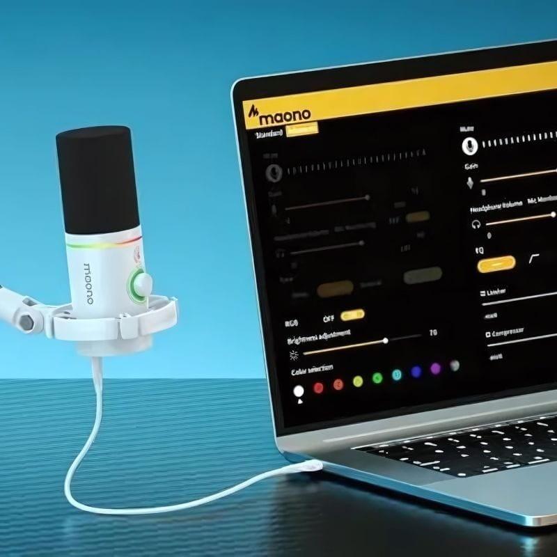 Maono PD200x RGB Blanco - Micrófono USB para Grabación y Transmisión en PC conectado a un ordenador