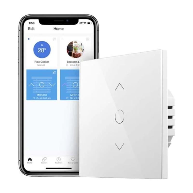 Interruptor Inteligente para Persianas WiFi Meross MRS100HK(EU) junto a un smartphone