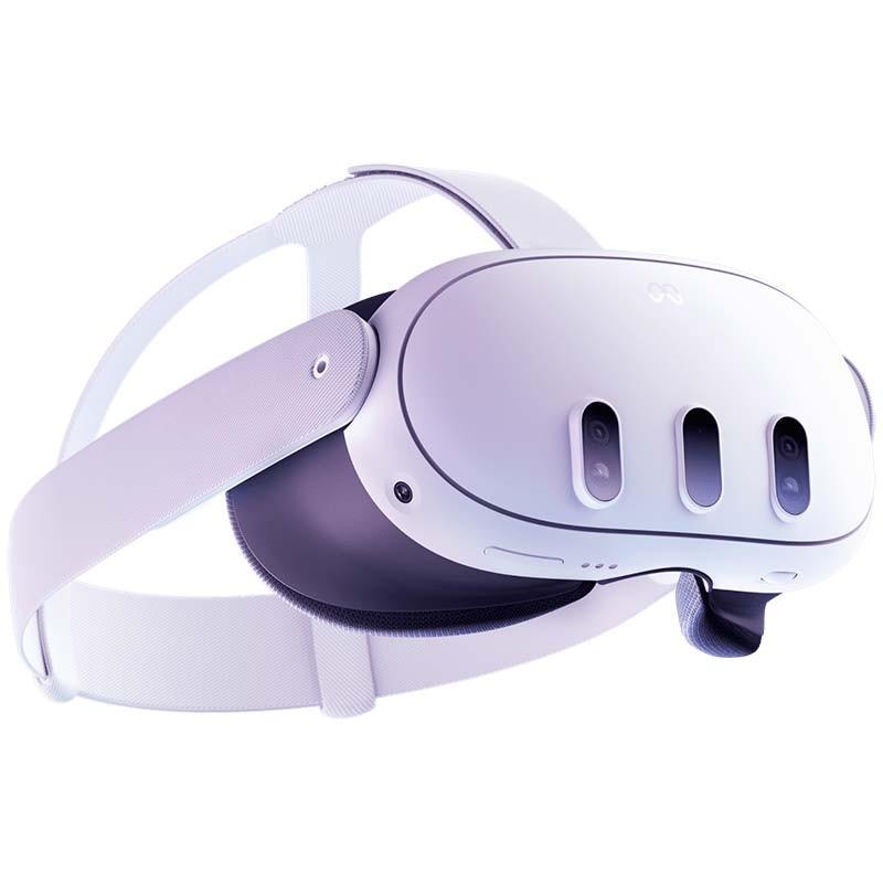 Casque VR blanc avec façade lisse, trois capteurs frontaux, sangle ajustable en tissu et coussinets rembourrés. Meta Quest 3 512Go Rénové État Premium