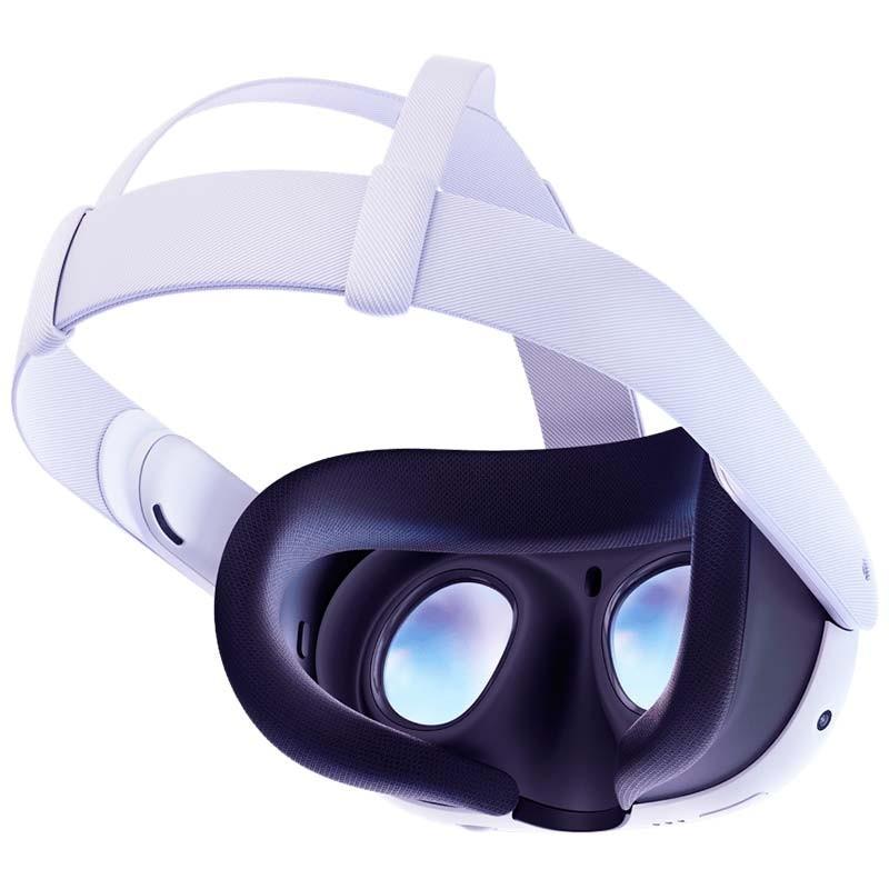 Casque VR blanc avec sangle réglable et rembourrage noir, double lentille large pour immersion. Meta Quest 3 512Go Rénové État Premium