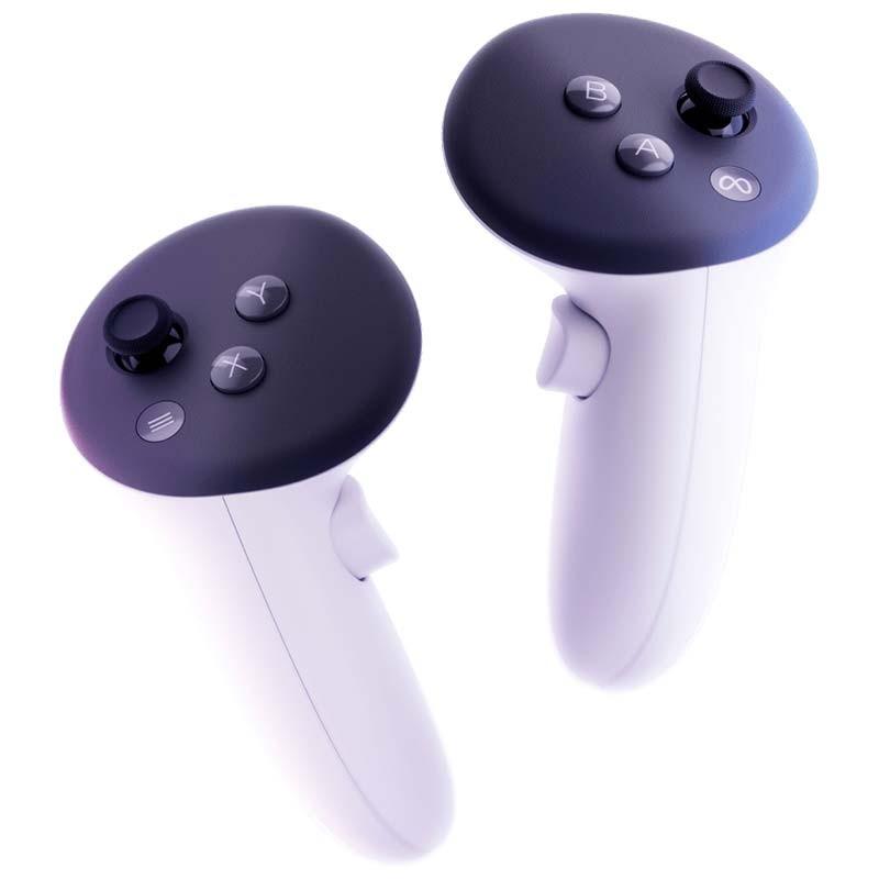 Deux contrôleurs VR blancs aux coques noires, sticks analogiques, boutons X Y A B et gâchettes ergonomiques; finition soignée pour Meta Quest 3 512Go