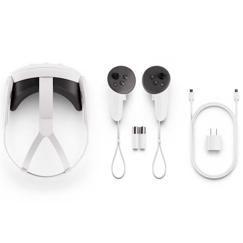Casque VR blanc avec sangle réglable, deux contrôleurs ergonomiques avec dragonnes, piles, câble USB-C et adaptateur. Meta Quest 3 512Go Rénové État