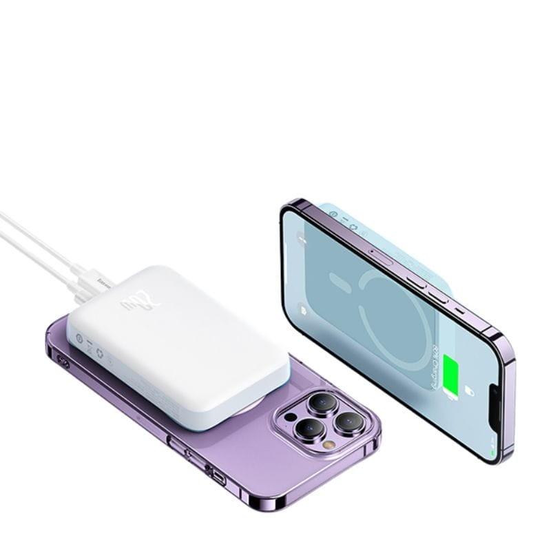 Power Bank Mini 10000mAh Baseus MagSafe Compatível Branco - Carregamento Rápido 20W e Cabo C incluído imagem de carregamento i-phone