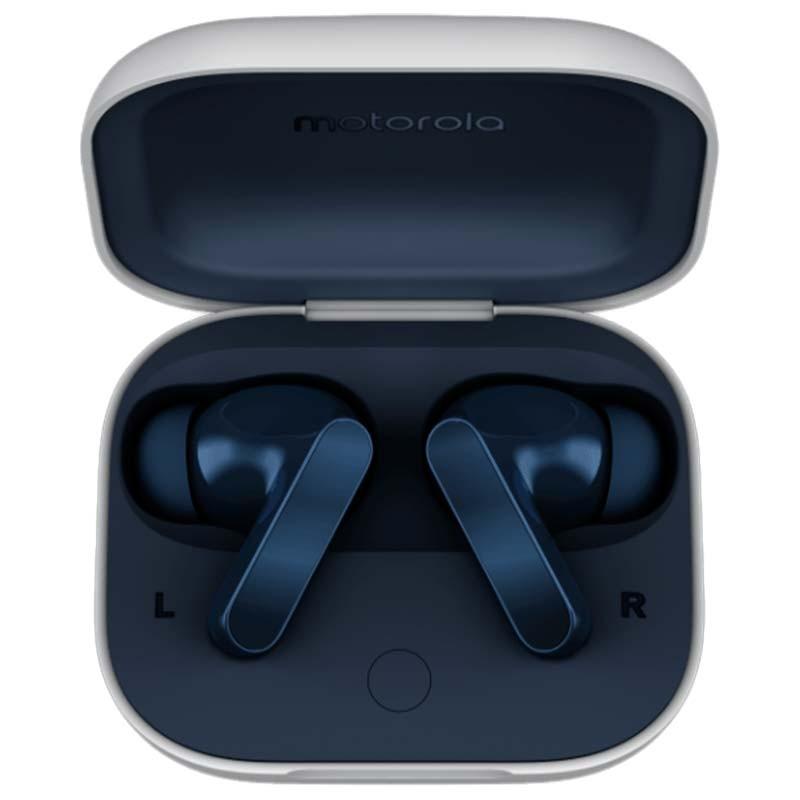 Motorola Moto Buds Azul Brilhante e estojo de carregamento aberto