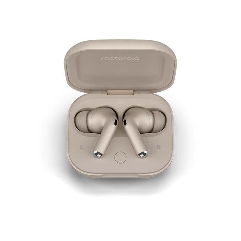 Auriculares Inalámbricos Motorola Moto Buds+ Arena en su estuche de carga