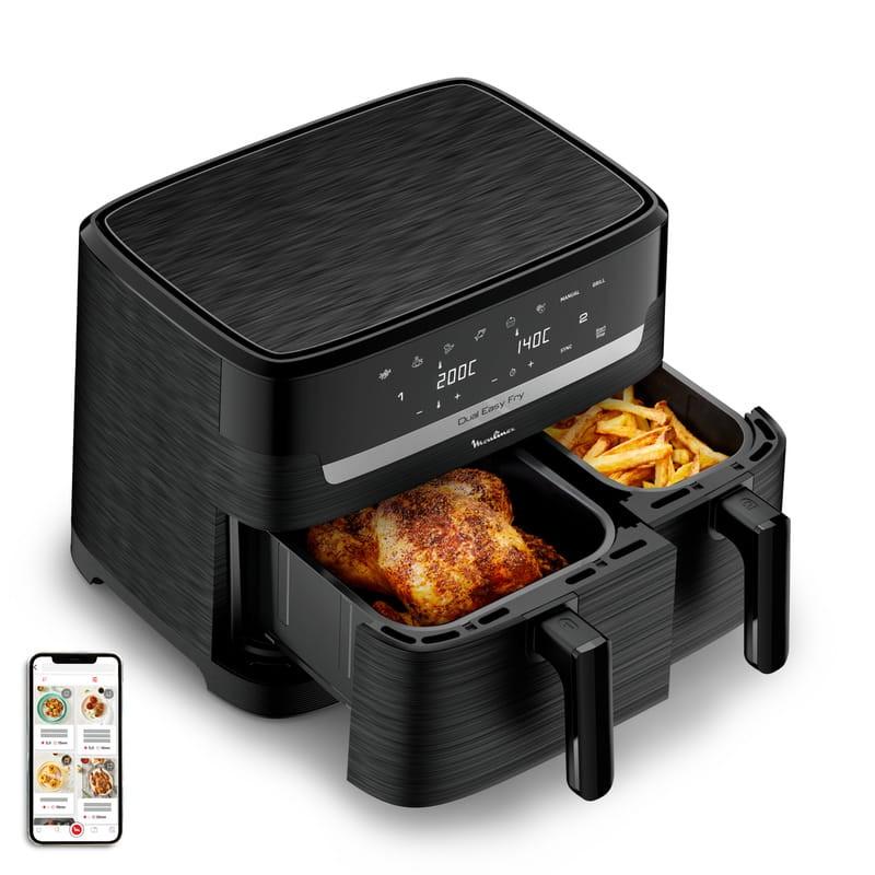 Moulinex Dual Easy Fry EZ901N20 8,3 L Preto - Fritadeira de ar Vista frontal com dois cestos cheios de alimentos