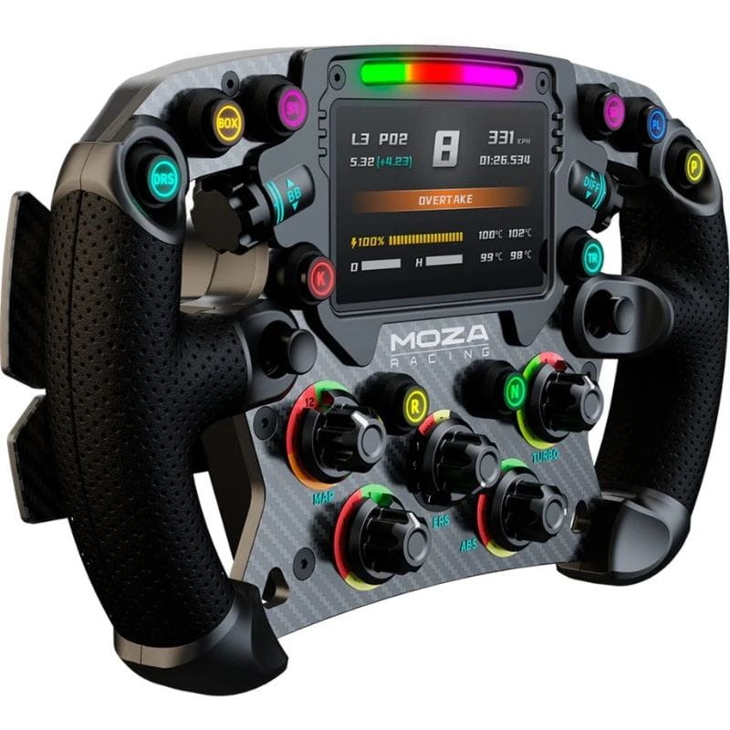 Volante MOZA FSR Highend Formula Wheel (28cm ) - Volante PC imagen de lado con la pantalla encendida