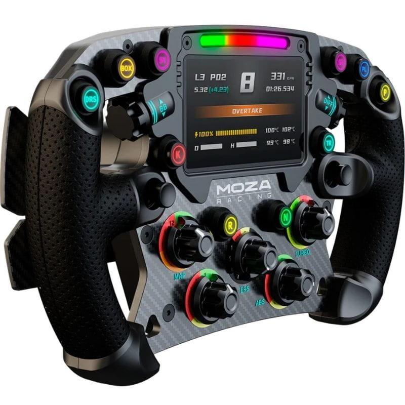 Volante MOZA FSR Highend Formula Wheel (28cm ) - Volante PC imagen de lado con la pantalla encendida