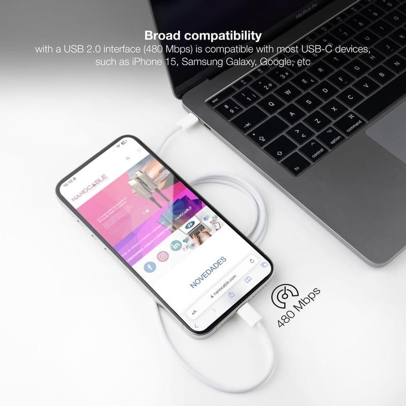 Câble Nanocable USB-C 2.0 60W 3A, USB-C/M-USB-C/M blanc photo réelle