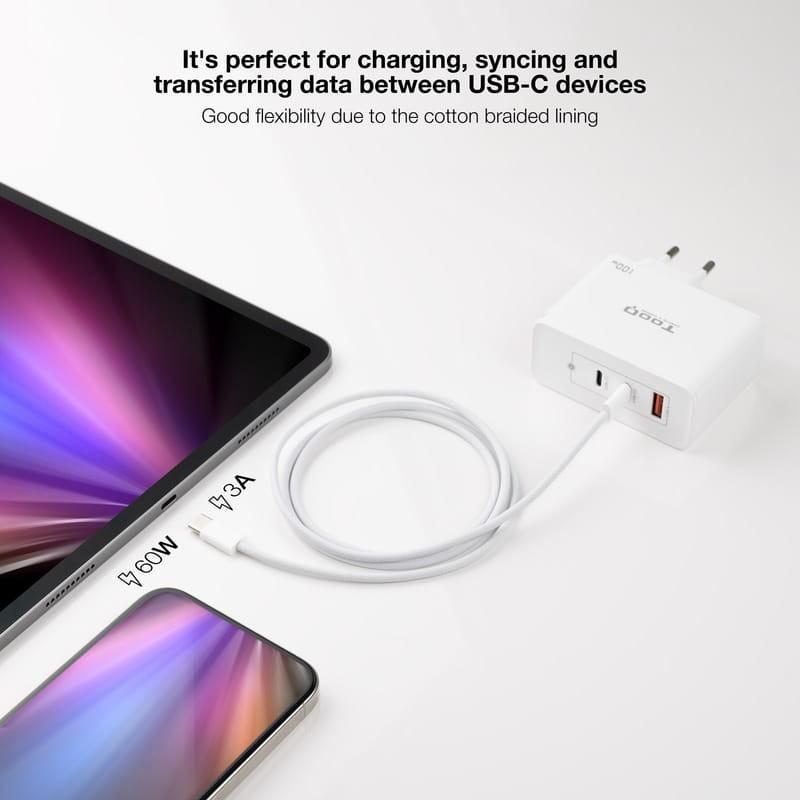 Câble Nanocable USB-C 2.0 60W 3A, USB-C/M-USB-C/M Blanc Photo réelle avec chargeur