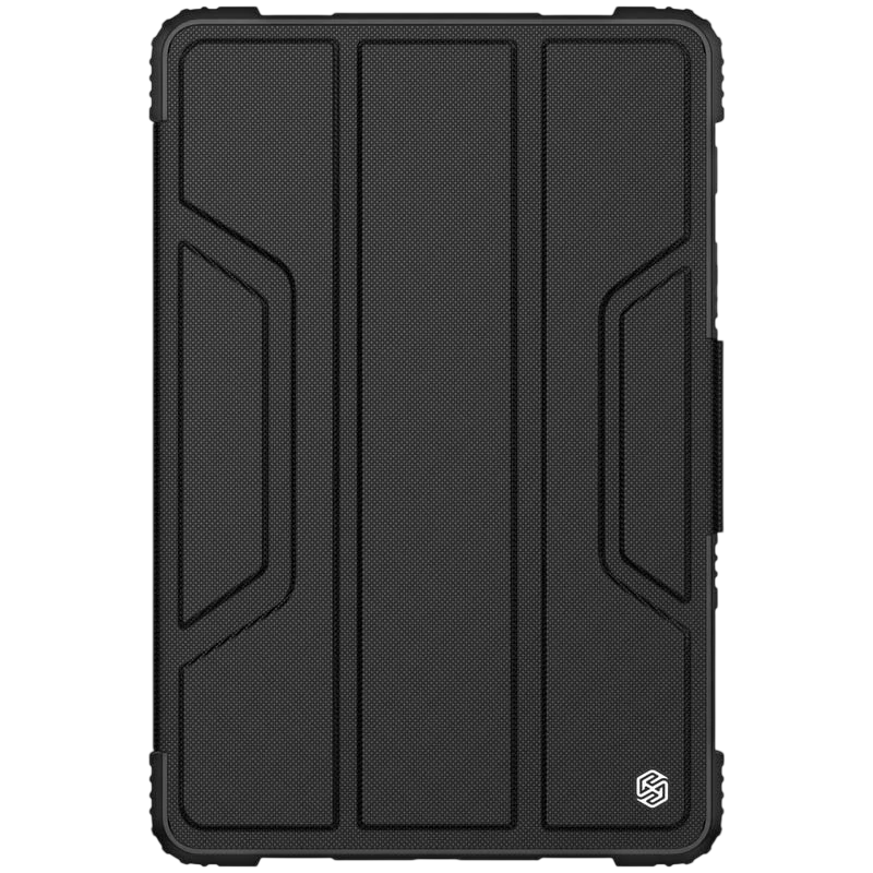 Funda Leather Tablet TCL TAB 11 FE negra con textura antideslizante, pliegues tipo tríptico para soporte y bordes reforzados; logo discreto en esquina inferior