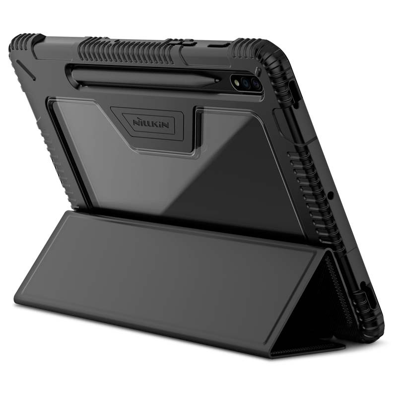 Funda Leather Tablet TCL TAB 11 FE negra, robusta con textura antideslizante, soporte plegable tipo trípode y ranura para lápiz, protege cámara y bordes
