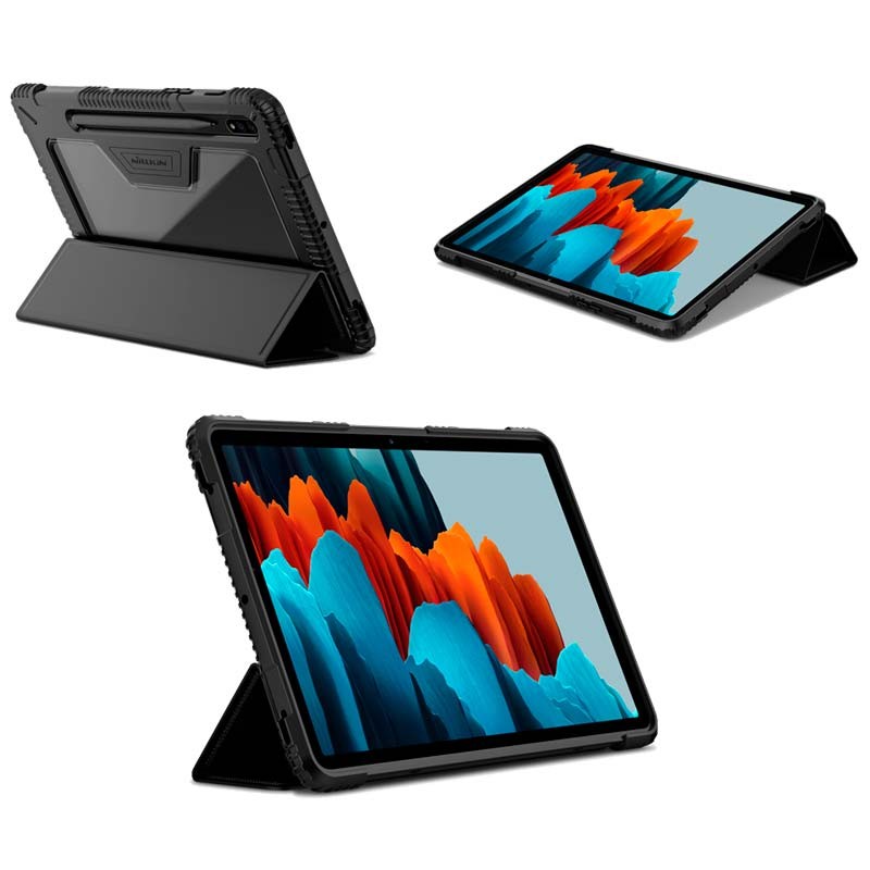 Funda Leather Tablet TCL TAB 11 FE con soporte plegable, esquinas reforzadas y agarre antideslizante, permite posición horizontal para ver contenido y escribir