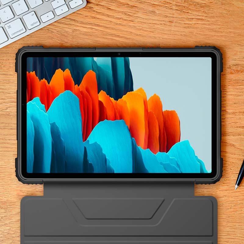 Funda Leather Tablet TCL TAB 11 FE en negro, tipo libro con soporte plegable y bordes reforzados; interior suave y ranuras para ángulos de visión seguros