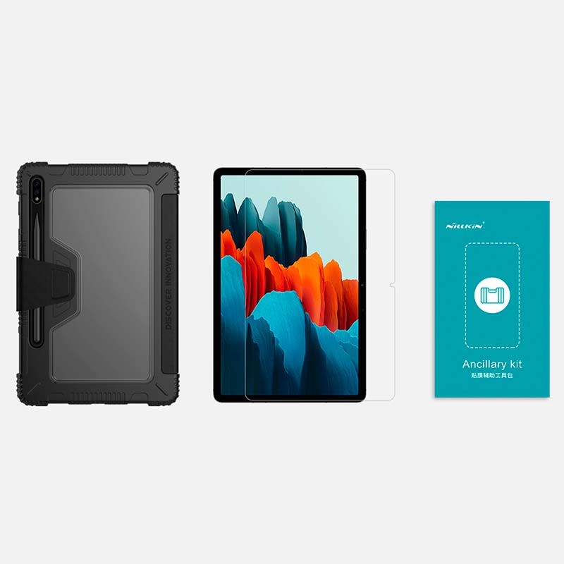 Funda Leather Tablet TCL TAB 11 FE con diseño resistente negro, esquinas reforzadas, parte trasera transparente y protector de pantalla con kit de instalación