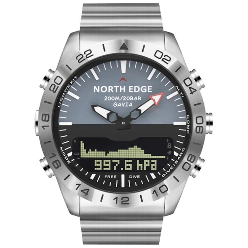 vista frontal del Reloj de buceo North Edge Gavia con correa de metal