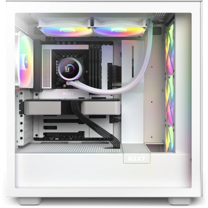 Vista lateral de un chasis con el Sistema de refrigeración líquida NZXT Kraken 280 RGB Blanco