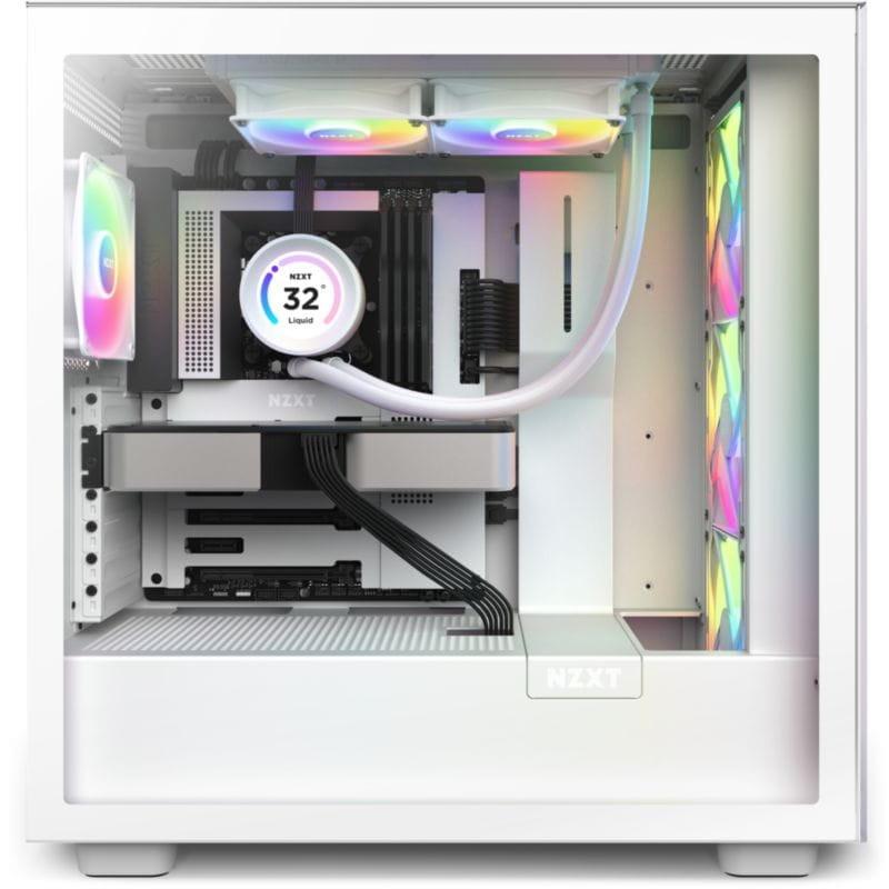 Vista lateral de un chasius con el sistema de Refrigeración líquida NZXT Kraken Elite 240 RGB Blanco