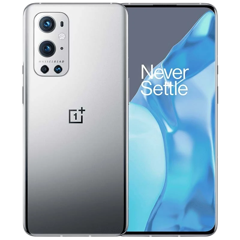 OnePlus 9 Pro plata desprecintado con pantalla curva casi sin bordes, módulo de triple cámara trasera con lentes Hasselblad y acabado metálico elegante