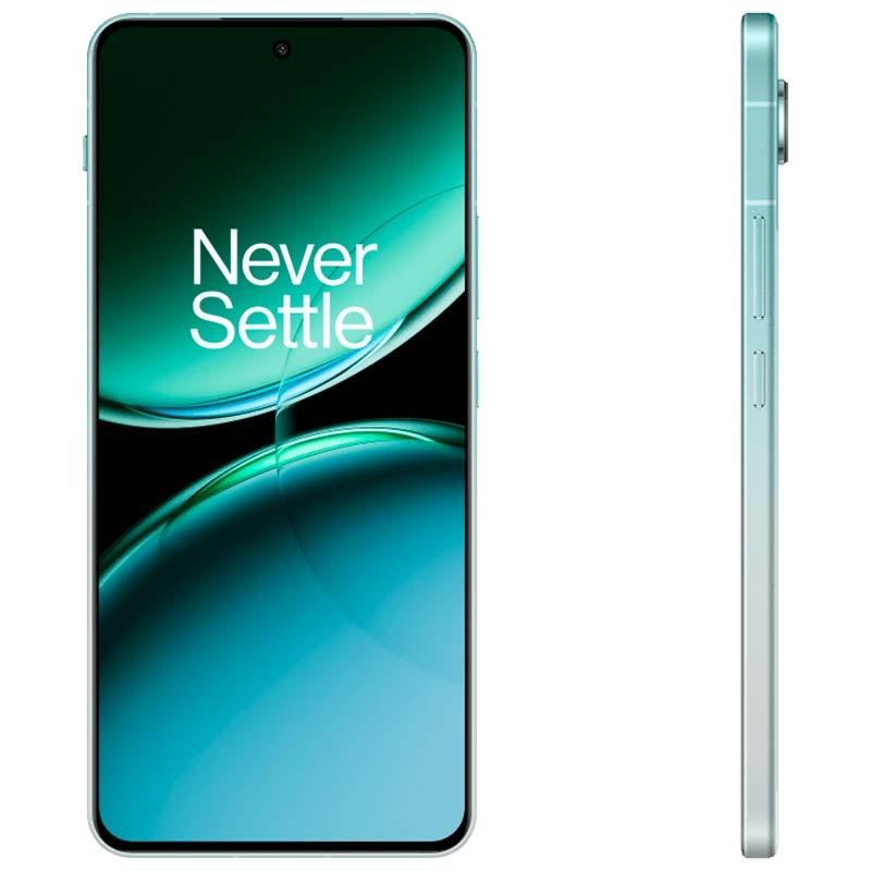Smartphone verde con pantalla casi sin bordes y cámara frontal centrada; marco metálico delgado con botones laterales. Modelo Oneplus Nord 4 5G 16GB/512GB