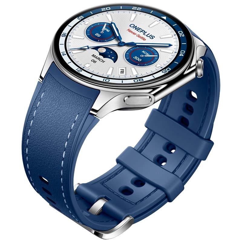 vue latérale de la Oneplus Watch 2 Bleue