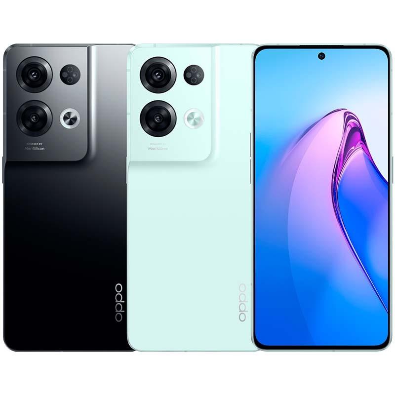 Oppo Reno8 Pro 5G 8GB/256GB Preto com tela ampla perfurada, bordas finas e módulo de câmera traseira tripla em destaque, acabamento preto elegante