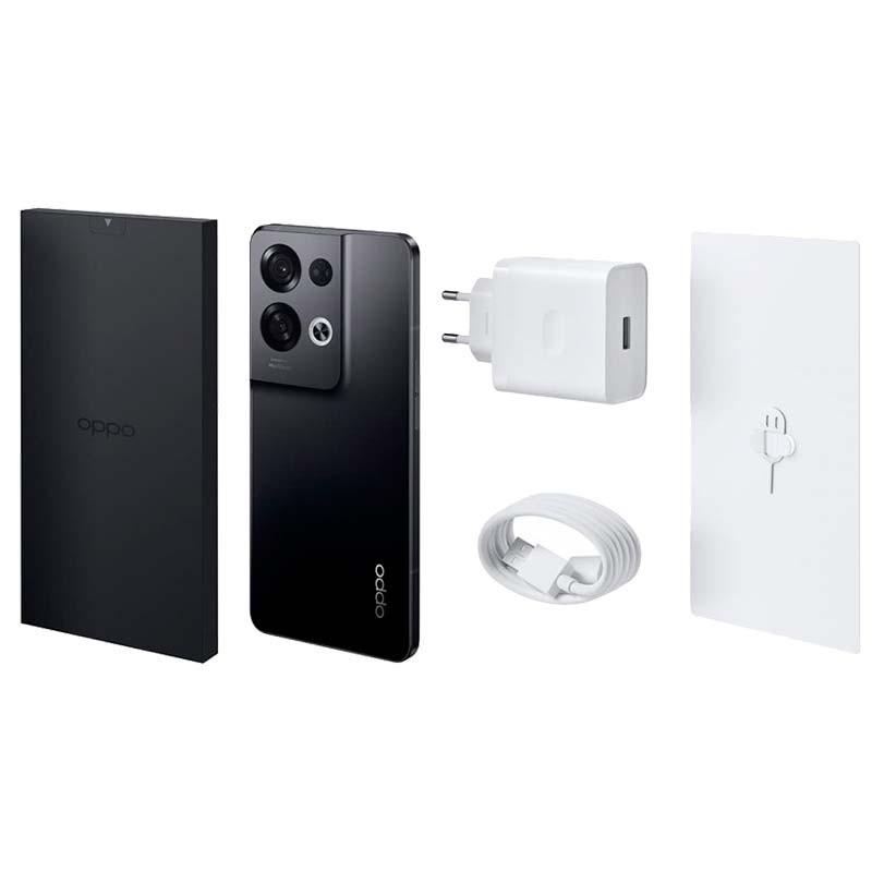 Oppo Reno8 Pro 5G 8GB/256GB Preto com traseira fosca, módulo triplo de câmeras grande, bordas retas. Inclui carregador USB-C, cabo, pinça SIM e caixa.