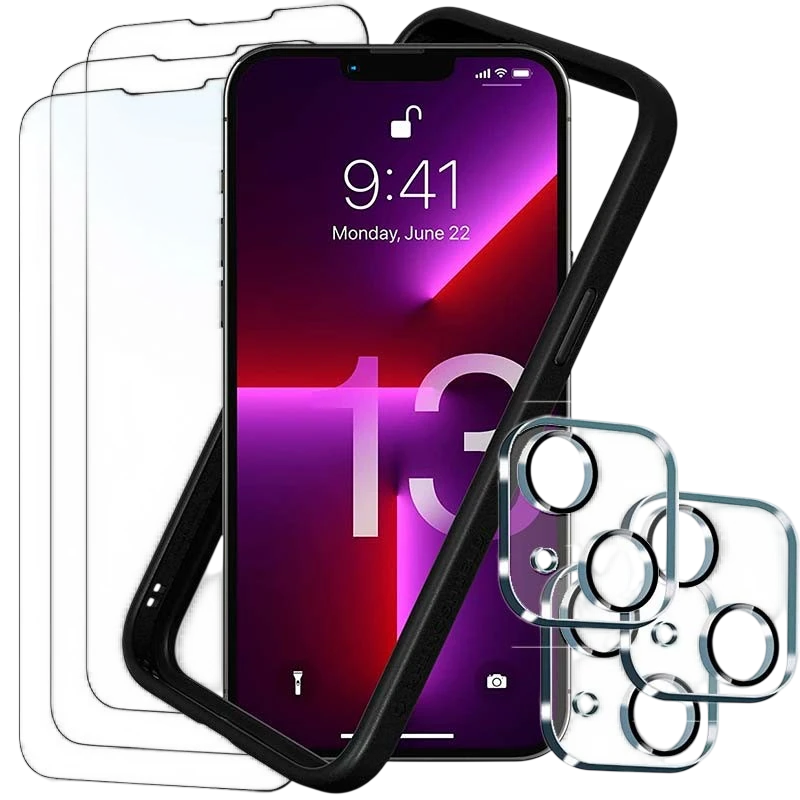 Pack de Accesorios iPhone 13 con 3 Protectores de pantalla + 3 Protectores de cámara + Funda Bumper
