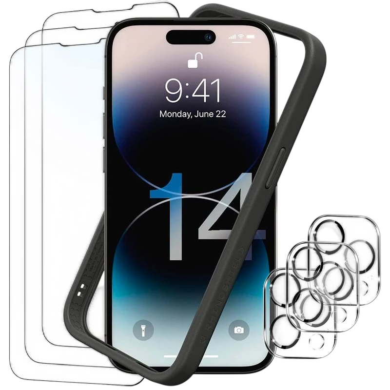 Pack de Accesorios iPhone 14 Pro con 3 Protectores de pantalla + 3 Protectores de cámara + Funda Bumper