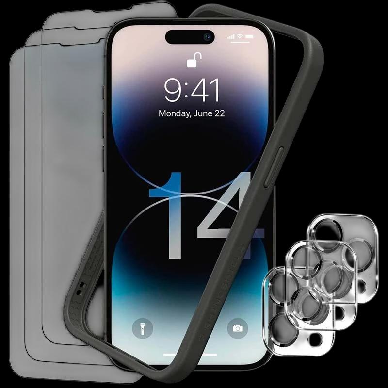 Pack de Accesorios iPhone 14 Pro con 3 Protectores de pantalla + 3 Protectores de cámara + Funda Bumper