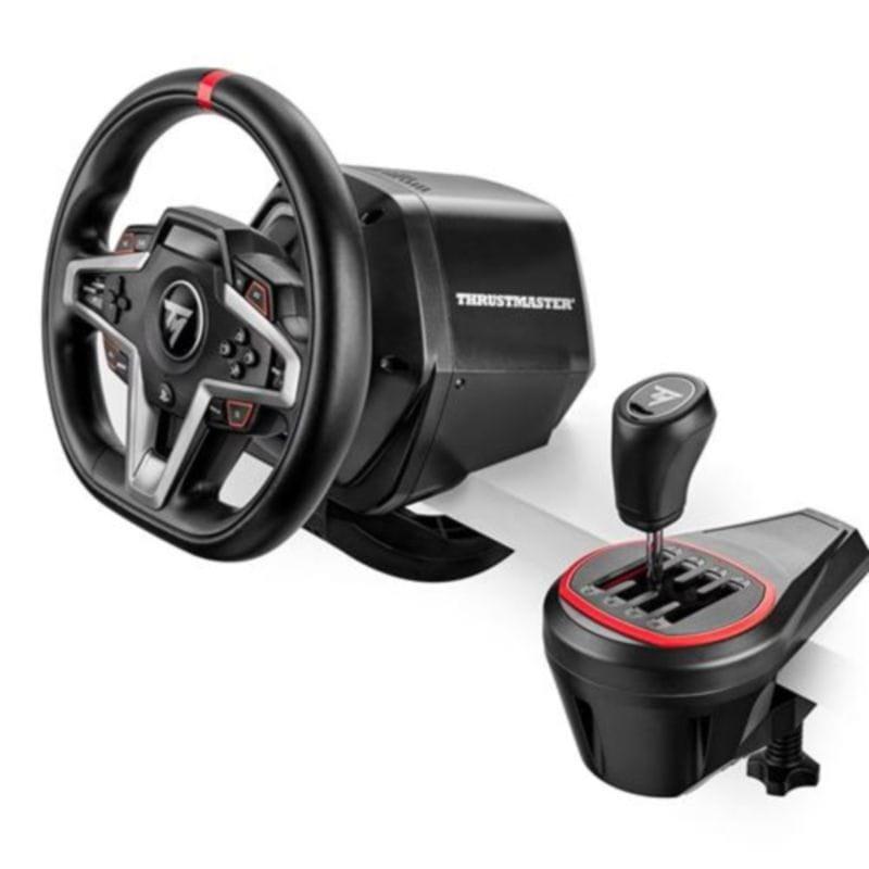 Vue d'ensemble du levier de vitesse Thrustmaster TH8S Shifter noir à côté d'un volant de simulation